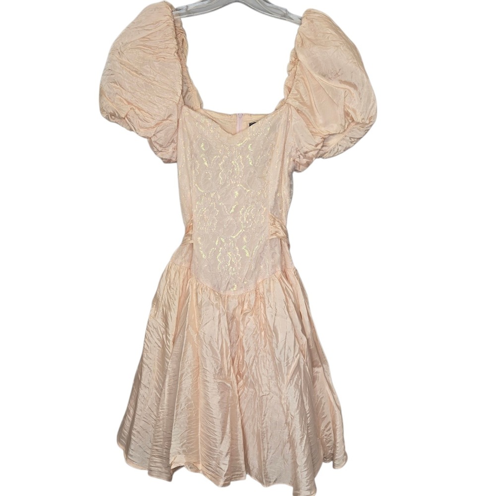 Vtg 80s Mayvens of California Iridescent Peach Pink Lace Puff Sleeve Prom Dress - Picture 2 of 14